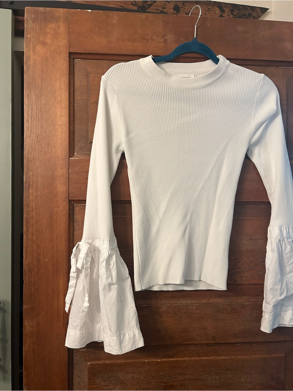 bohme White Ribbed Long Sleeve Top with Statement Bell Sleeves